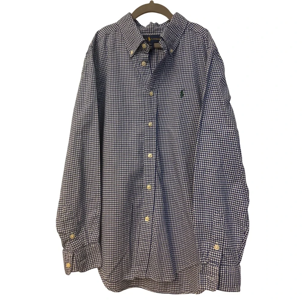 Ralph Lauren Boys Navy Gingham Button Down Shirt Size L 14-16 Cotton Long Sleeve